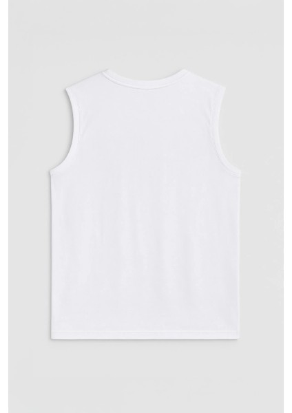 Erkek Bisiklet Yaka Baskılı Beyaz Kolsuz T-Shirt