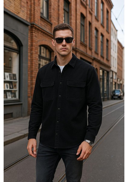 Erkek Cepli Siyah Jean Gömlek