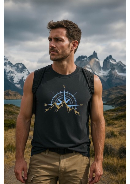 Erkek %100 Pamuk Bisiklet Yaka Pusula Baskılı Kolsuz T-Shirt