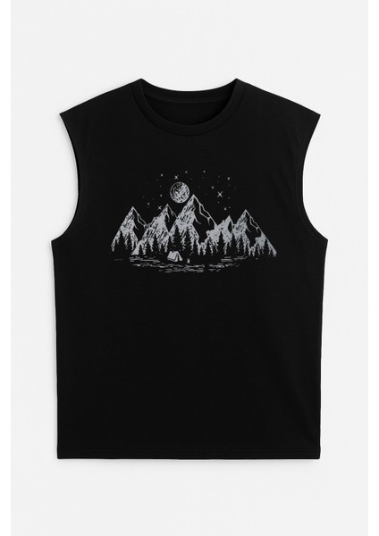 Erkek Bisiklet Yaka Baskılı Siyah Kolsuz T-Shirt