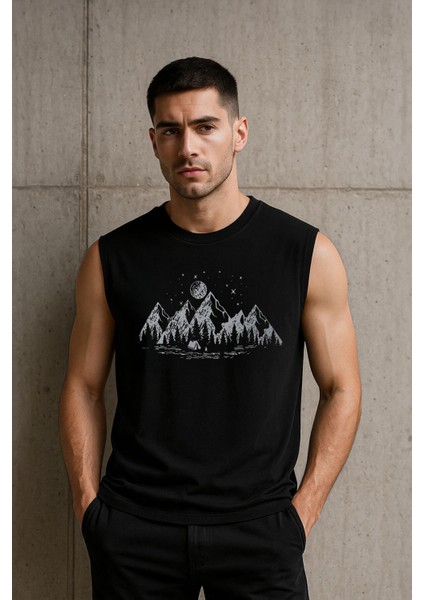 Erkek Bisiklet Yaka Baskılı Siyah Kolsuz T-Shirt modelleri