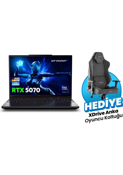 Major 16 X1 MD62736 Intel Ultra 7 255HX 32GB 2TB SSD RTX5070Ti Windows 11 Home 16" 300Hz QHD+ Oyuncu Laptop