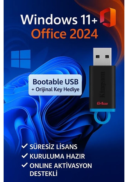 Windows 11 & Office 2024 Pro Plus USB Kurulum + Orijinal Hediyeli Lisans
