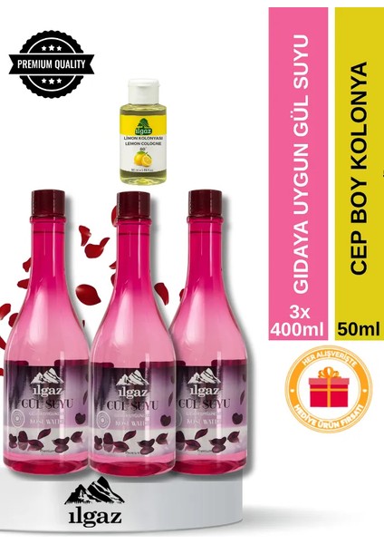 3'lü Doğal Gül Suyu 3X400 ml Gıdaya Eklenebilir Içilebilir Saf Gül Suyu