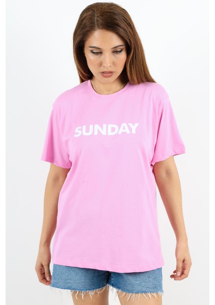 Kadın Motto Yazılı Oversize %100 Pamuk Uzun Pembe T-Shirt