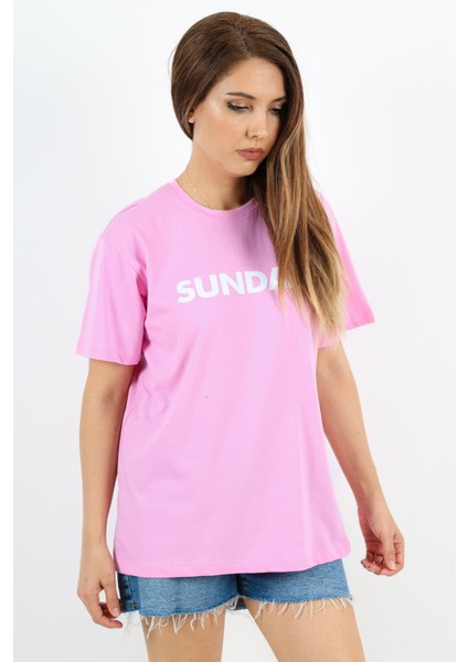 Kadın Motto Yazılı Oversize %100 Pamuk Uzun Pembe T-Shirt modelleri