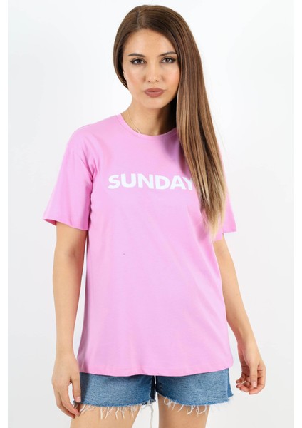 Kadın Motto Yazılı Oversize %100 Pamuk Uzun Pembe T-Shirt indirimleri