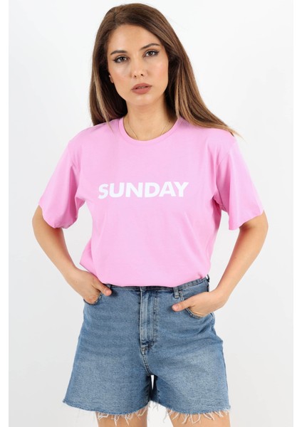 Kadın Motto Yazılı Oversize %100 Pamuk Uzun Pembe T-Shirt