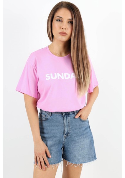 Kadın Motto Yazılı Oversize %100 Pamuk Uzun Pembe T-Shirt