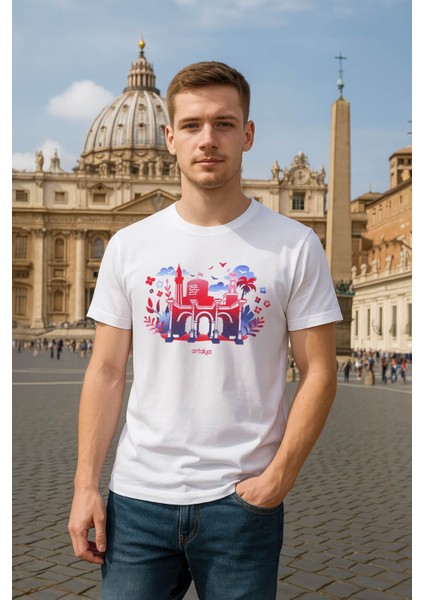 Erkek Bisiklet Yaka %100 Pamuk Antalya Baskılı Kısa Kollu T-Shirt