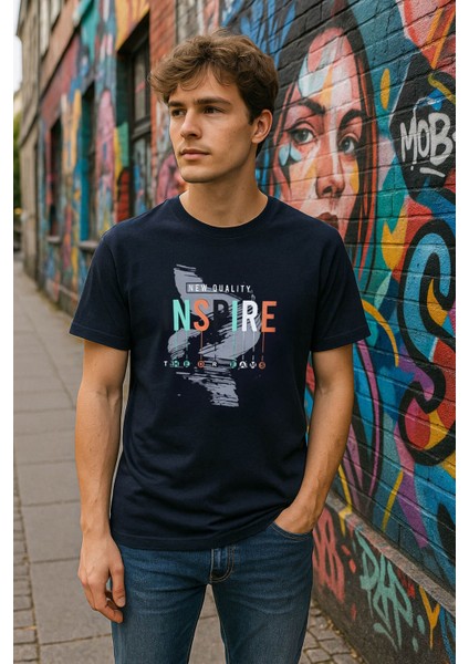 Erkek %100 Pamuk Bisiklet Yaka Yazı Baskılı T-Shirt