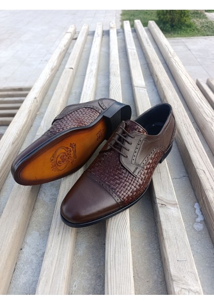 Erkek Yazlık Kundura Tasarım Harikası Tamamen El Yapımı Hakiki Kösele Iç Dış Deri Kahve Rengi Örgü