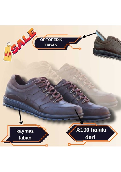 Erkek Kışlık Sportif Kundura Hakiki Deri Kaymaz ve Dişli Taban Bağcıklı ve Ortobetik