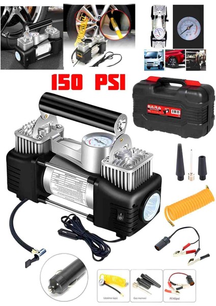 12V 150PSI Ağır Çift Silindir Hava Kompresörü Seti Çantalı Araba Kamyon Lastik Şişirme Pompası