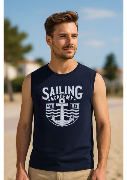 Erkek %100 Pamuk Bisiklet Yaka Baskılı Kolsuz T-Shirt