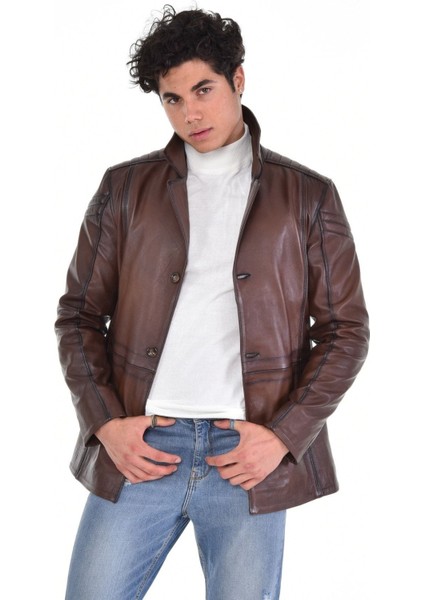 Hakiki Deri Kahverengi Ingiliz Yaka Düğmeli Erkek Deri Ceket