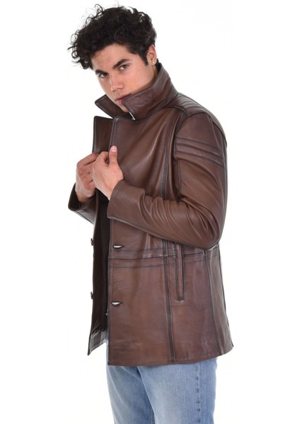 Hakiki Deri Kahverengi Ingiliz Yaka Düğmeli Erkek Deri Ceket fiyatları