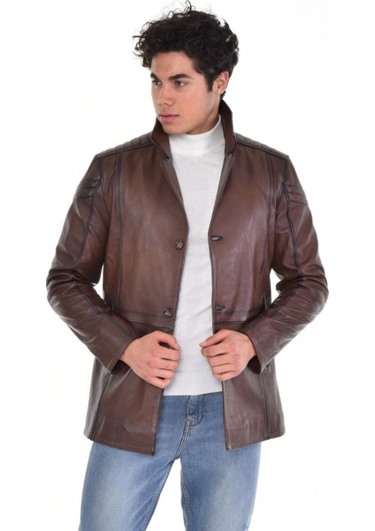 Hakiki Deri Kahverengi Ingiliz Yaka Düğmeli Erkek Deri Ceket modelleri
