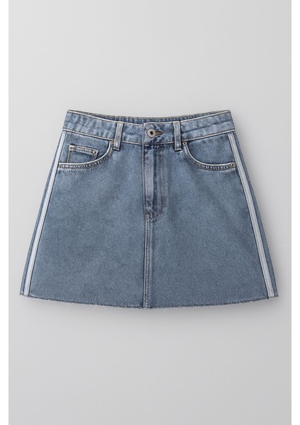 Yüksek Bel Püsküllü Mini Jean Etek
