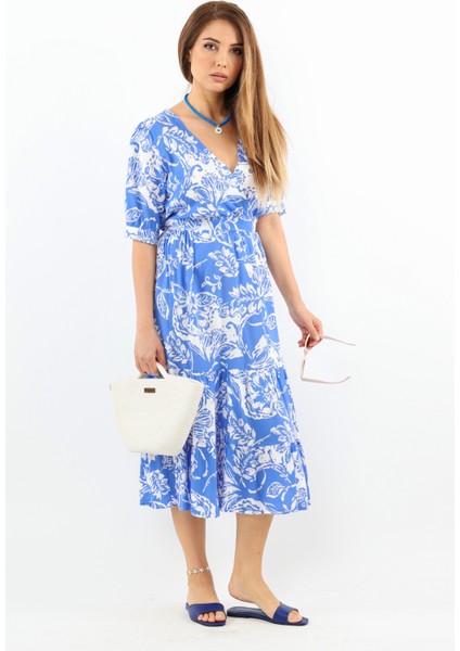 Kadın Cruise Bel Lastikli Mavi Viskon Midi Elbise