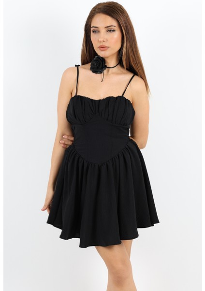 Korse Görünümlü Astarlı Sırt Lastik Detay Siyah Kısa Elbise