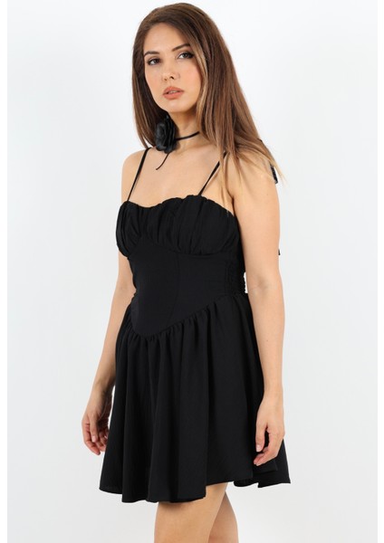 Korse Görünümlü Astarlı Sırt Lastik Detay Siyah Kısa Elbise