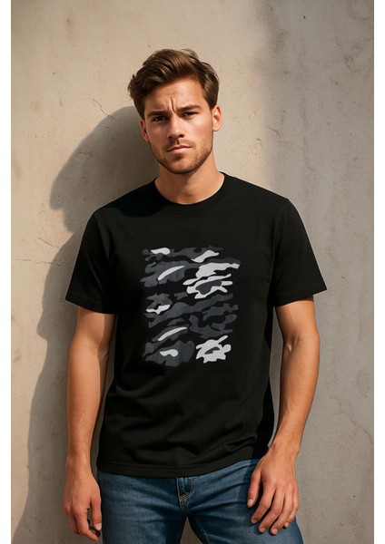 Erkek Bisiklet Yaka %100 Pamuk Baskılı Siyah T-Shirt