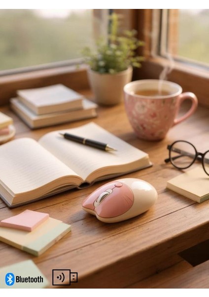 Sevimli Kedi Kablosuz Pudra-Bej Mouse Bluetooth + Dual Mode