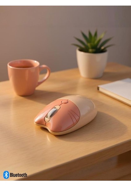 Sevimli Kedi Kablosuz Pudra-Bej Mouse Bluetooth + Dual Mode