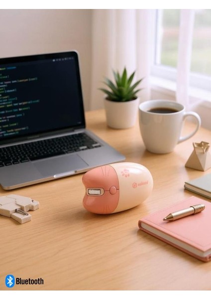 Sevimli Kedi Kablosuz Pudra-Bej Mouse Bluetooth + Dual Mode