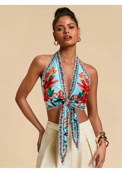 Floral Crop Bluz, Önden Bağlamalı Desenli Bleu Blanc Çok Renkli fiyatları