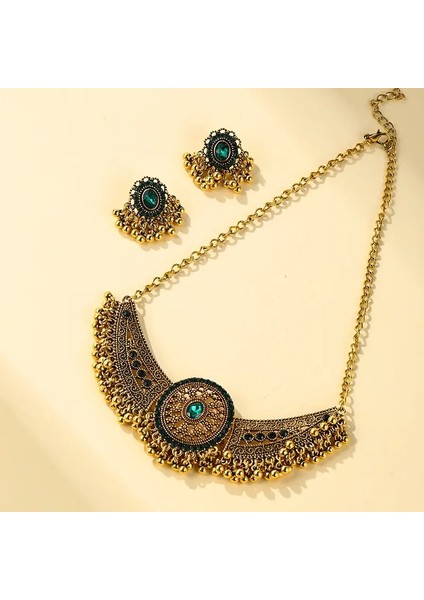 Zirkon Taşlı Boncuk Detay Vintage Takı Seti Kolye Küpe Seti modelleri