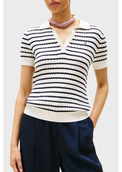 Pamuklu Regular Fit Düğmeli Polo Yaka Çizgili Kısa Kollu Kazak Bayan Kazak WW0WW41474 0fg