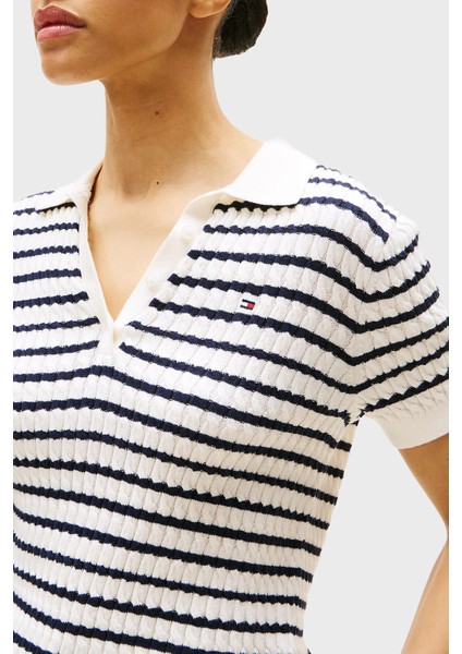 Pamuklu Regular Fit Düğmeli Polo Yaka Çizgili Kısa Kollu Kazak Bayan Kazak WW0WW41474 0fg fırsatları