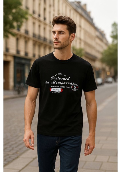 Erkek Bisiklet Yaka Baskılı Siyah T-Shirt