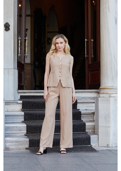 Kadın Likrasız Ipeksi Modal Yumuşak Dokulu Kumaş Flato Cepli Düğmeli Yelek-Camel