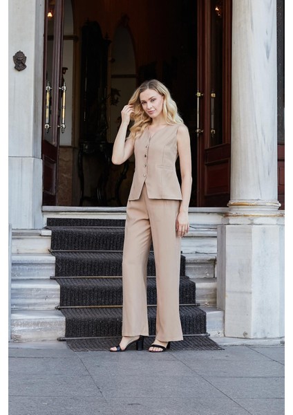 Kadın Likrasız Ipeksi Modal Yumuşak Dokulu Kumaş Flato Cepli Düğmeli Yelek-Camel fiyatları