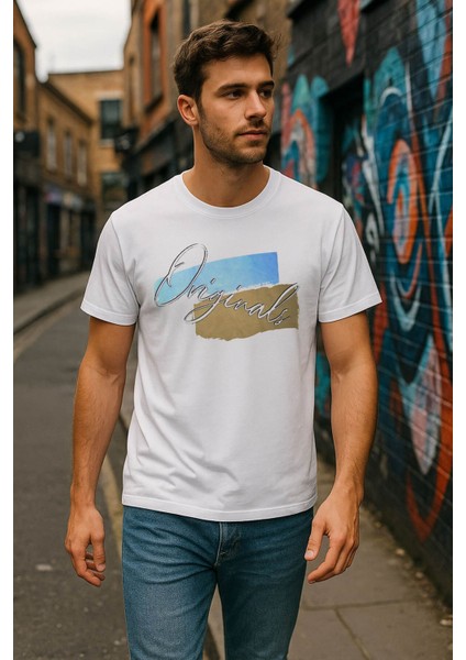Erkek %100 Pamuk Bisiklet Yaka Baskılı Lacivert T-Shirt
