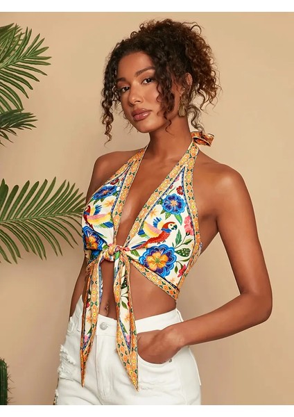 Floral Crop Bluz, Önden Bağlamalı Desenli Bleu Blanc Çok Renkli modelleri