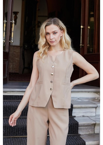 Kadın Likrasız Ipeksi Modal Yumuşak Dokulu Kumaş Flato Cepli Düğmeli Yelek-Camel modelleri