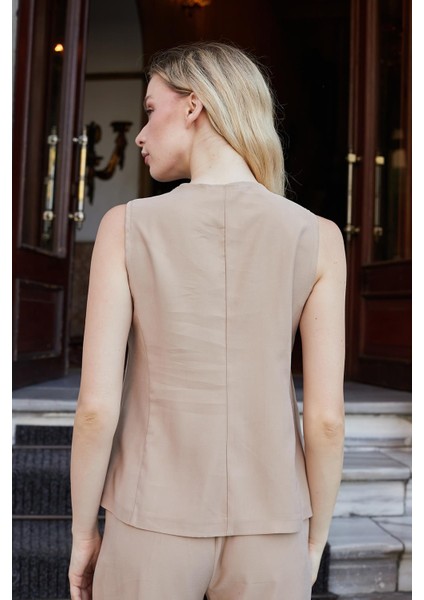 Kadın Likrasız Ipeksi Modal Yumuşak Dokulu Kumaş Flato Cepli Düğmeli Yelek-Camel fırsatları