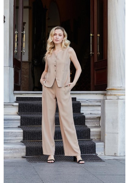 Kadın Likrasız Ipeksi Modal Yumuşak Dokulu Kumaş Flato Cepli Düğmeli Yelek-Camel indirimleri