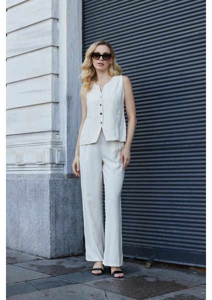 Kadın Likrasız Ipeksi Modal Yumuşak Dokulu Kumaş Flato Cepli Düğmeli Yelek-Krem fiyatları