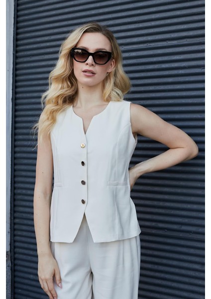 Kadın Likrasız Ipeksi Modal Yumuşak Dokulu Kumaş Flato Cepli Düğmeli Yelek-Krem modelleri