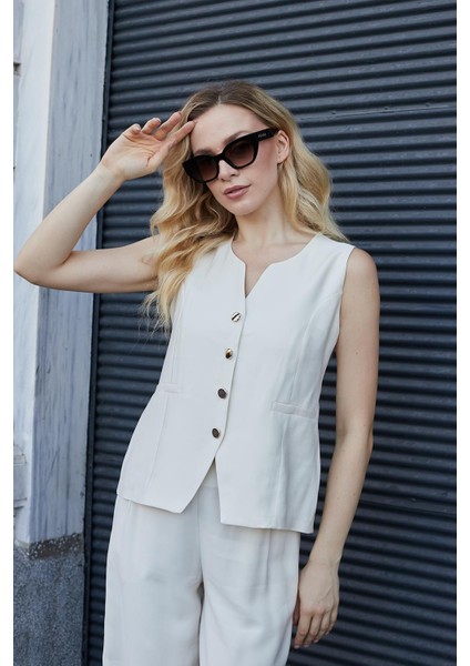 Kadın Likrasız Ipeksi Modal Yumuşak Dokulu Kumaş Flato Cepli Düğmeli Yelek-Krem fırsatları