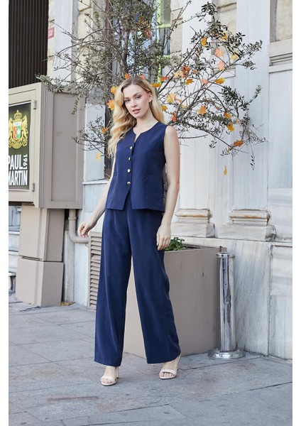 Kadın Likrasız Ipeksi Modal Yumuşak Dokulu Kumaş Flato Cepli Düğmeli Yelek-Lacivert