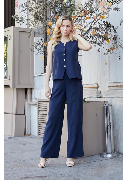 Kadın Likrasız Ipeksi Modal Yumuşak Dokulu Kumaş Flato Cepli Düğmeli Yelek-Lacivert fiyatları