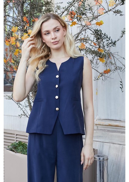 Kadın Likrasız Ipeksi Modal Yumuşak Dokulu Kumaş Flato Cepli Düğmeli Yelek-Lacivert fırsatları