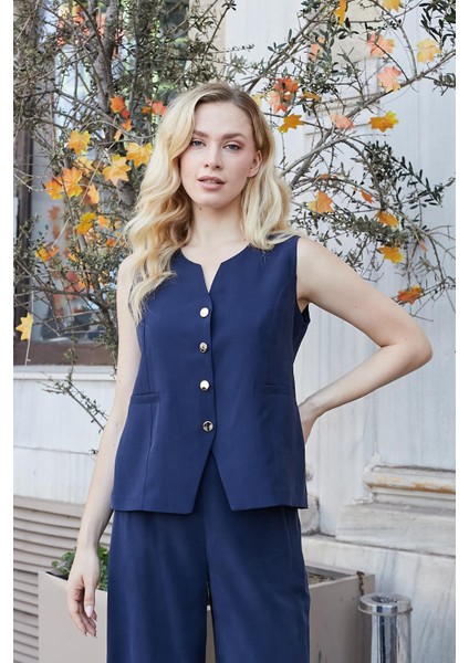 Kadın Likrasız Ipeksi Modal Yumuşak Dokulu Kumaş Flato Cepli Düğmeli Yelek-Lacivert indirimleri