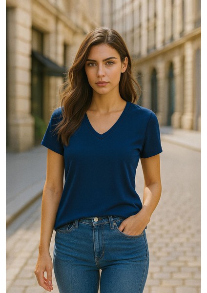 Kadın V Yaka Kısa Kollu Düz T-Shirt